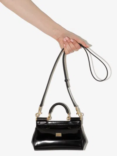 Shop Dolce & Gabbana Sicily Small Shiny Leather Handbag In Black