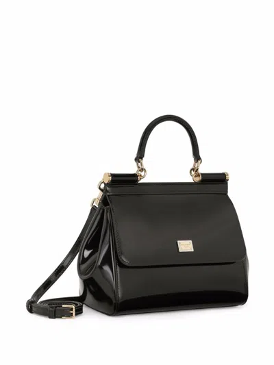 Shop Dolce & Gabbana Sicily Medium Shiny Leather Handbag In Black