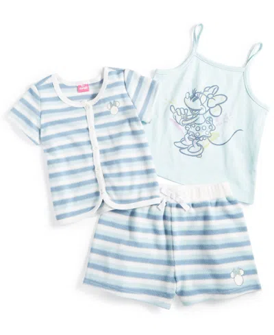 Shop Disney Toddler & Little Girls Minnie Mouse Crochet Cardigan, Tank Top & Shorts, 3 Piece Set In Blue