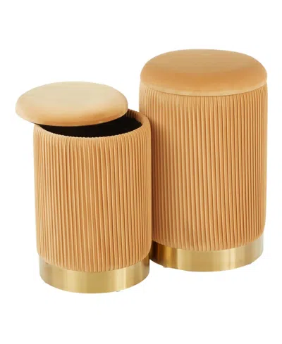 Lumisource Marla Contemporary Nesting Pleated Ottoman Set In Metal And Velvet By  In Gold Metal,orange Velvet