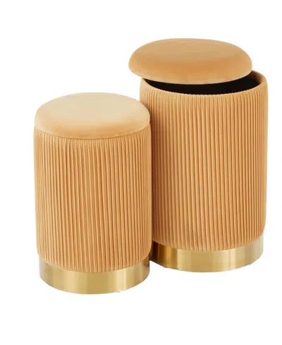 Lumisource Marla Contemporary Nesting Pleated Ottoman Set In Metal And Velvet By  In Gold Metal,orange Velvet