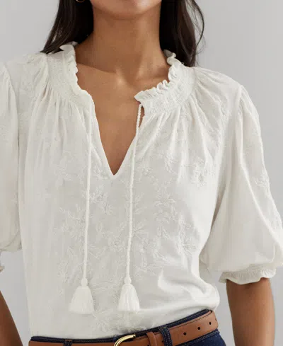 Shop Lauren Ralph Lauren Women's Embroidered Puff-sleeve Top In White