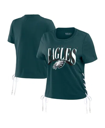 Shop Wear By Erin Andrews Women's  Midnight Green Philadelphia Eagles Lace Up Side Modest Cropped T-shirt