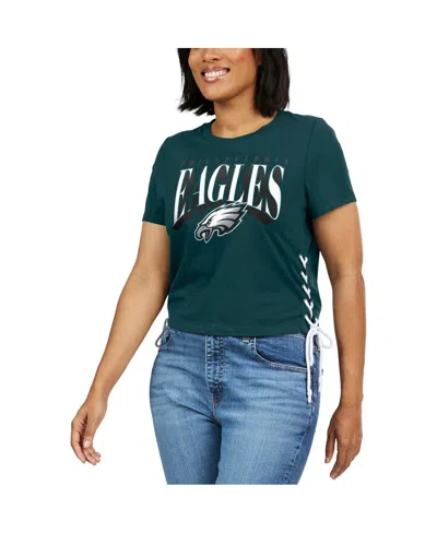 Shop Wear By Erin Andrews Women's  Midnight Green Philadelphia Eagles Lace Up Side Modest Cropped T-shirt