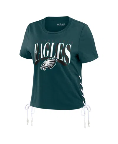 Shop Wear By Erin Andrews Women's  Midnight Green Philadelphia Eagles Lace Up Side Modest Cropped T-shirt