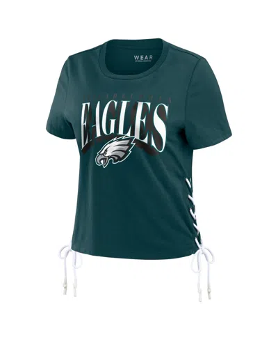 Wear By Erin Andrews Midnight Green Philadelphia Eagles Lace Up Side Modest Cropped T-shirt In Green
