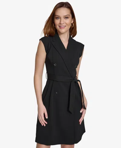 Shop Calvin Klein Women's Peak-lapel Belted Jacket Dress In Black