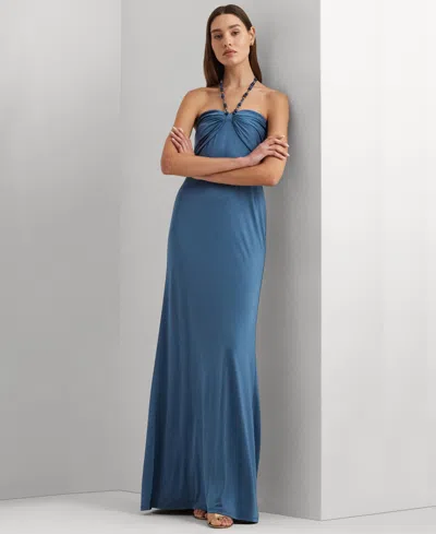 Shop Lauren Ralph Lauren Women's Beaded Halter Jersey Gown In Indigo Dusk