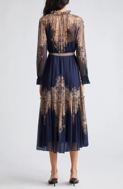 Shop Zimmermann Natura Floral Paisley Belted Long Sleeve Midi Dress In Navy Paisley