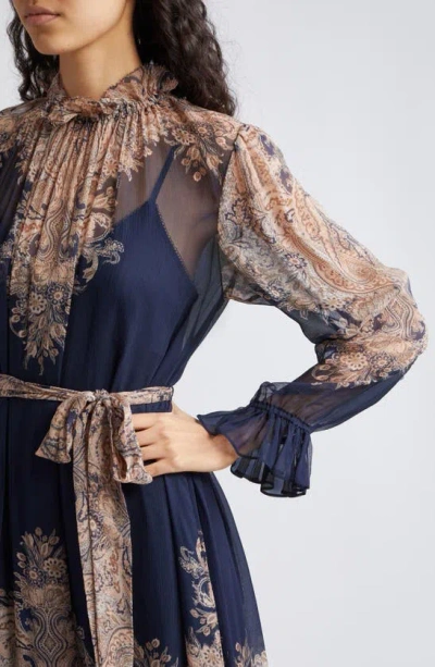 Shop Zimmermann Natura Floral Paisley Belted Long Sleeve Midi Dress In Navy Paisley
