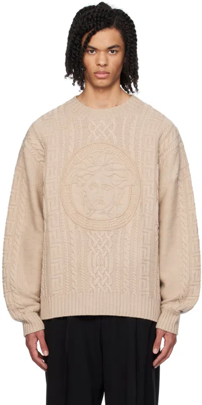 Shop Versace Beige Medusa Sweater In 1kd40-sand