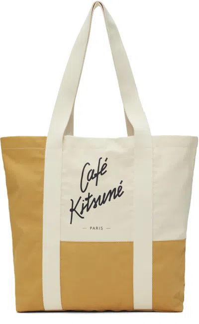 Shop Maison Kitsuné Orange & Off-white Cafe Kitsuné Colorblock Tote In M158 Tapioca