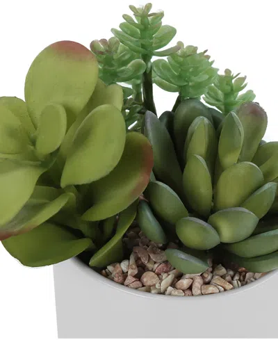 Monarch Specialties 7" Indoor Artificial Succulent Plants With Decorative White Ceramic Pots, Set Of 2 In Green