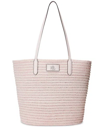 Shop Lauren Ralph Lauren Brie Leather-trim Straw Medium Tote Bag In Pink Opal