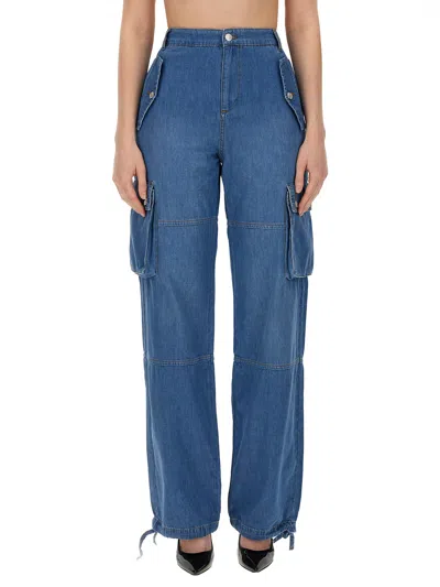 Moschino Wide Leg Cargo Trousers With Drawstring Hem In Blue