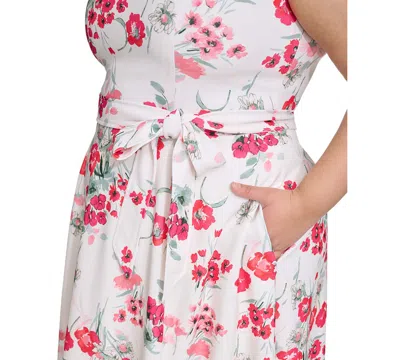 Shop Calvin Klein Plus Size Floral-print Belted V-neck Dress In Cream Hibi