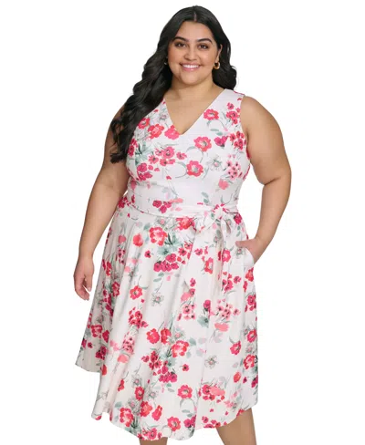Shop Calvin Klein Plus Size Floral-print Belted V-neck Dress In Cream Hibi