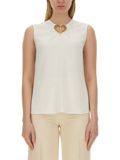 Moschino Blouse With Heart Applique And Subtle Keyhole Detail In White