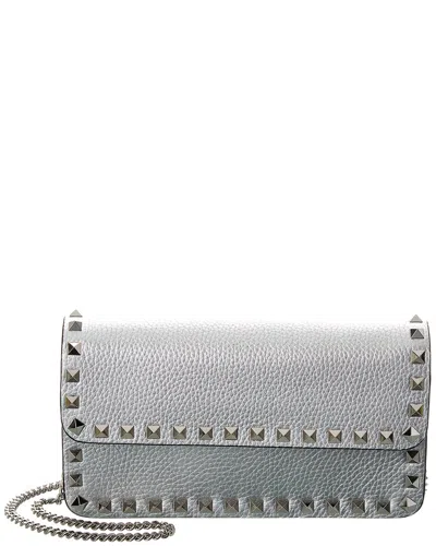 Shop Valentino Rockstud Leather Wallet On Chain In Silver