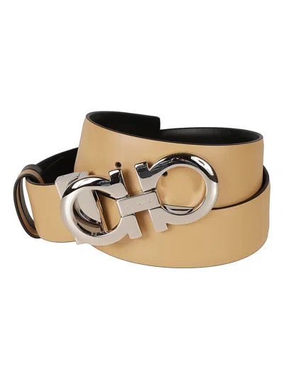 Shop Ferragamo Double Gancini Buckled Belt In Light Camel/black