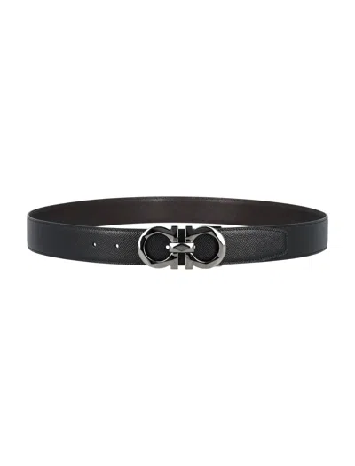 Shop Ferragamo Reversible And Adjustable Gancini Belt In Black/dark Brown