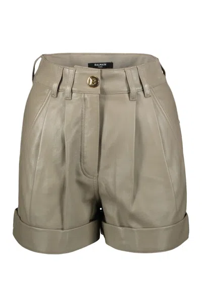 Shop Balmain Leather Shorts In Khaki