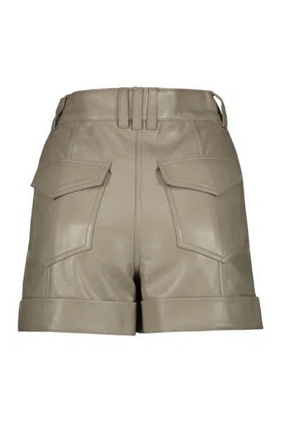 Balmain Leather Shorts In Khaki