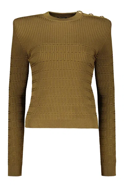 Shop Balmain Long Sleeve Crew-neck Sweater In Khaki