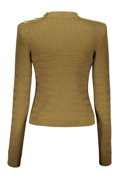 Shop Balmain Long Sleeve Crew-neck Sweater In Khaki