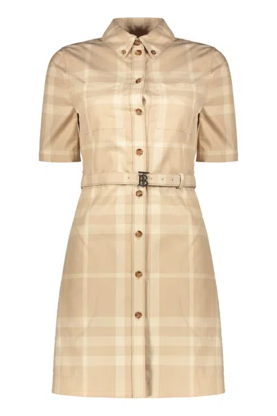 Shop Burberry Belted Cotton Dress In Beige