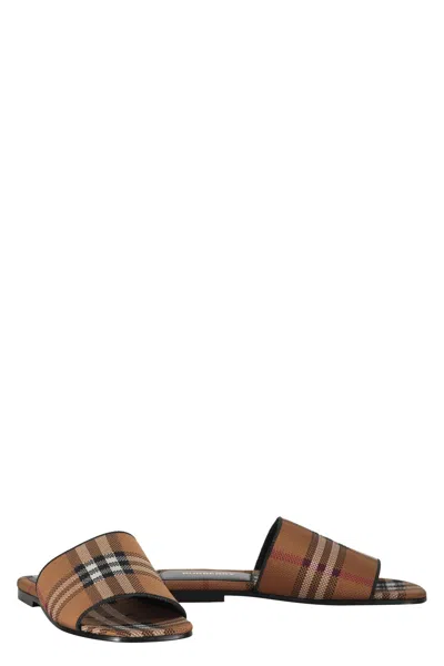 Shop Burberry Leather And Fabric Slides In Beige