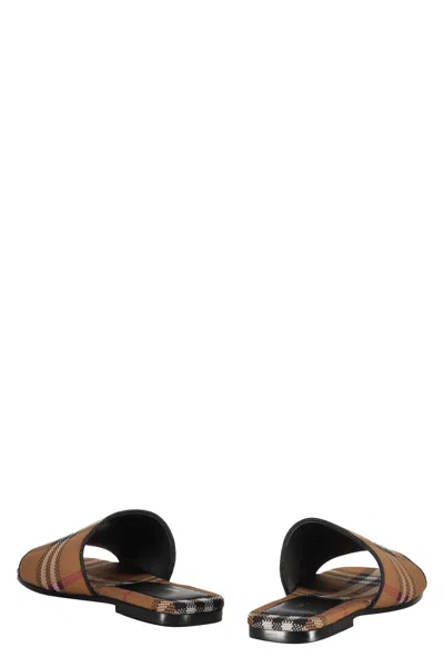 Shop Burberry Leather And Fabric Slides In Beige