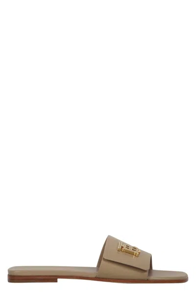 Shop Burberry Leather Slides With Logo In Beige