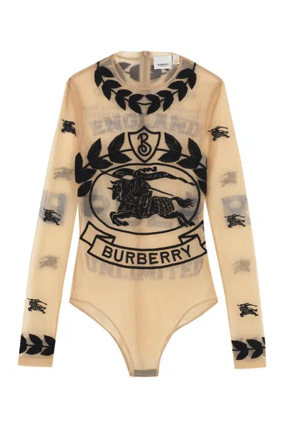 Shop Burberry Embroidered Tulle Bodysuit In Beige