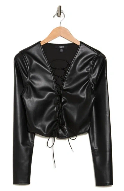 Shop Afrm Faux Leather Long-sleeve Lace-up Top In Noir