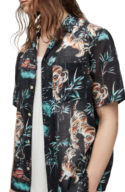 Shop Allsaints Tagise Relaxed Fit Tiger Print Short Sleeve Cotton Button-up Shirt In Jet Black