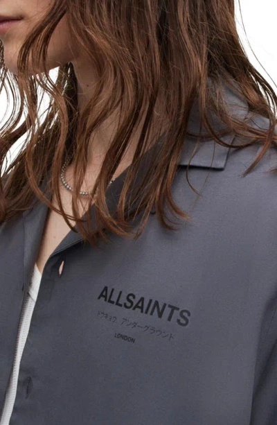 Shop Allsaints Underground Logo Short Sleeve Camp Shirt In Pipe Grey