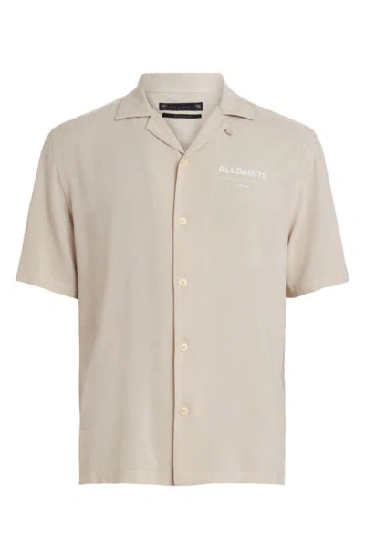 Shop Allsaints Underground Logo Short Sleeve Camp Shirt In Clifftop Taupe