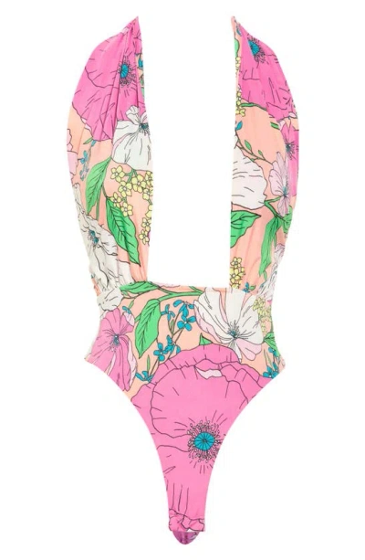 Shop Afrm Rosa Cross Halter One-piece Swimsuit In Spring Blush Bouquet