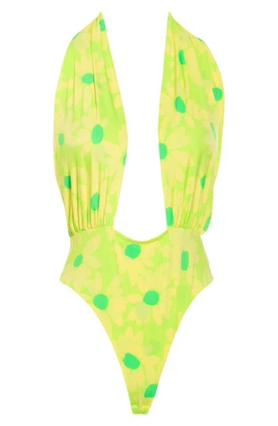 Shop Afrm Rosa Cross Halter One-piece Swimsuit In Lime Daisy
