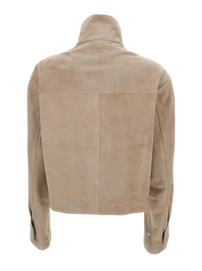 Shop Arma Beige High Collar Jacket In Suede Leather Woman