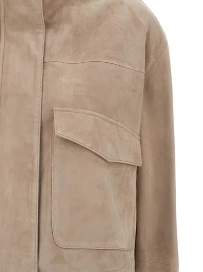 Shop Arma Beige High Collar Jacket In Suede Leather Woman