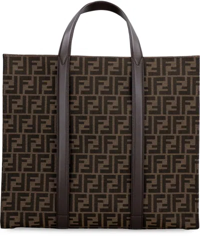 Shop Fendi Jacquard Fabric Tote In Brown