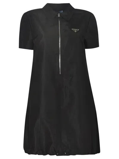 Shop Prada Zip Logo Plaque Dress In Black