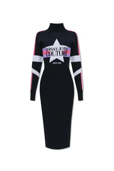 Shop Versace Logo Intarsia-knit Midi Dress In Black