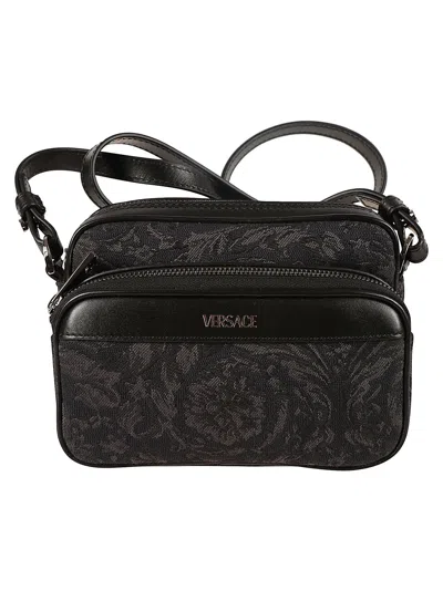 Shop Versace Small Jacquard Crossbody Bag In Blue