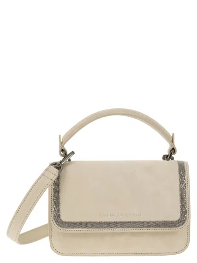 Shop Brunello Cucinelli Suede Bag With Precious Contour In Ivory