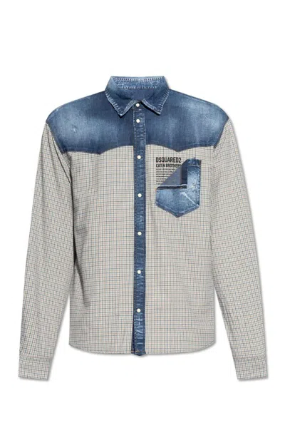Shop Dsquared2 Checked Panelled Buttoned Denim Shirt In Multicolour