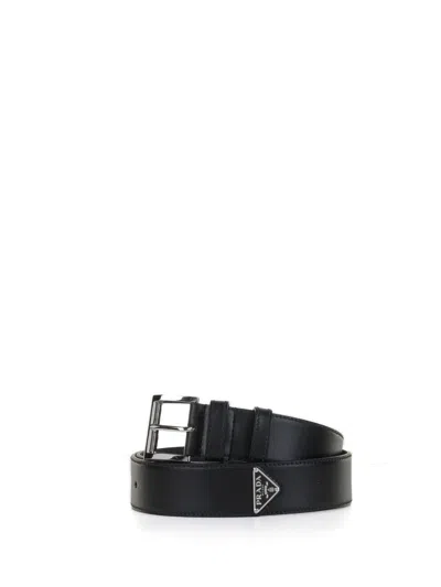 Shop Prada Leather Belt With Triangle Logo In Nero