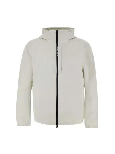 Shop Woolrich Logo-patch Hooded Zipped Jacket In Stone